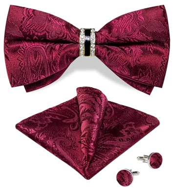 DiBanGu Seide Wein Rot Fliege für Herren Verstellbare Burgunder Paisley Fliege und Strass Ring Einstecktuch Manschettenknöpfe Set Hochzeit Party