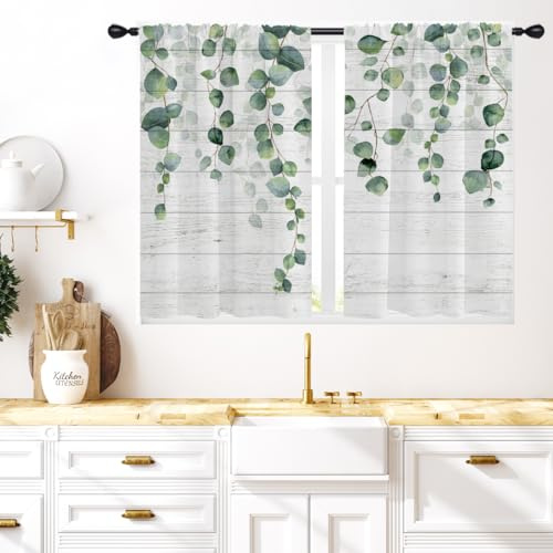 Coxila Küchenfenstervorhänge, Blumenmuster, klein, kurz, Mini-Café, Stangentasche, Salbei, weißer Eukalyptus, botanisches Blatt, Wohnzimmer, Schlafzimmer, Zimmer, Behandlung, Set mit 2 Vorhängen