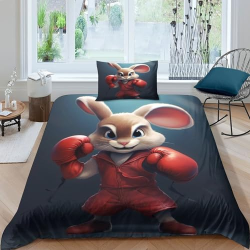 CKSEKD Boxing cutecutebunny Bettbezug Microfaser Sporting Steppdeckenbezug Reißverschluss Bed Linen Sets Zip-Verschluss Bettdeckenbezug Atmungsaktiv Waschbar Bettwäsche Set Single(135x200cm)