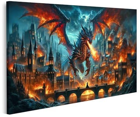 islandburner Wandbild Drache speit Feuer über der Stadt Fantasy Feuerdrache auf Leinwand Bilder Bild Poster