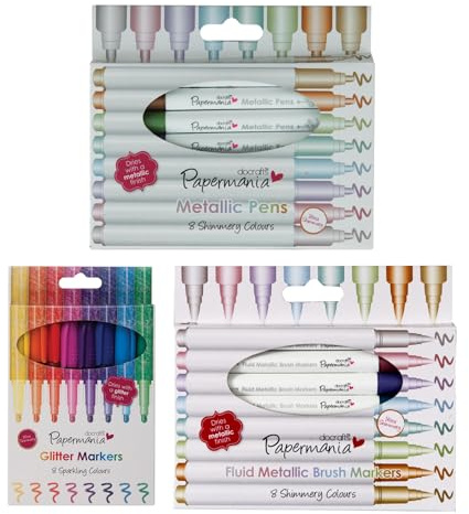 Docrafts Papermaina Marker Bundle, 1 Pack Of 8 Metallic Bullet Tip Pens, 1 Pack Metallic Brush Tip Pens, 1 Pack Of 8 Bullet Tip Glitter Marker Pens For Doodling, Borders, Patterns, Craft Projects