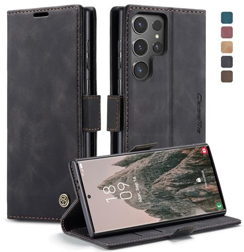 owlhold Handyhülle für Samsung Galaxy S24 Ultra 5G Hülle, Premium Lederhülle Weiches Vintage-Nubukleder Faltbare Ständer Klapphülle Kartenfach Standfunktion stoßfest Schutzhülle -Schwarz