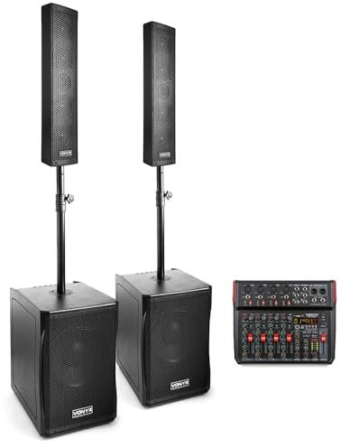 VONYX VX1200 Active Column Line Array PA System Package with Dual 12-inch Subwoofers, VMKG08 8-Channel Mixer, Bluetooth, DSP Effects & Cables – Ideal for Bands, DJs, Live Events & Venue Sound
