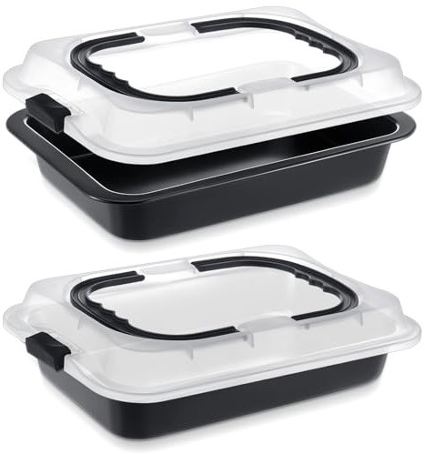 Qinyoung 2 Pcs Black Gray Cake Pan with Lid and Handle, 9 X 13 Inch