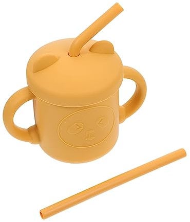 RORPOIR Asa de Botella de Agua Vaso con Pajita para Bebé Vasos con Pajita para Niños Pequeños Vaso para Beber para Niños Y Niñas Diseño de Osito de Miel de Silicona