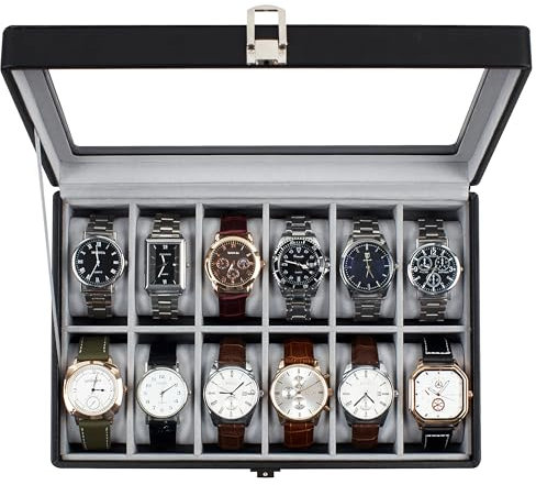 KILHS Uhrenbox Herren mit 12 Fächern, Uhrenaufbewahrung mit Glasdeckel, Uhrenkasten mit herausnehmbaren Uhrenkissen, goldener Metallverschluss, Geschenkidee, PU-Leder in Schwarz, graues Samtfutter