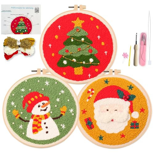 Myfelicity Punch Needle Kit, Punch Needle Kits Adults Beginner,Father Christmas and Christmas Tree Patterns, Complete with a Few Beads!