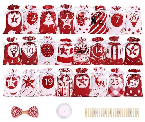 Adventskalender Tüten 2024-24 Weihnachten Kordelzug Beutel Countdown Kalender Weihnachtstüten, | 24 Tage Countdown Kalender mit Clips und Seil, Hängende Countdown Candy Bags für Weihnachten