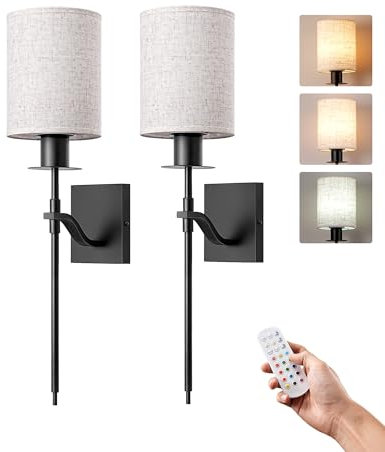 EDISHINE Aplique de pared interior inalámbrico, 2 unidades, mando a distancia y E27 RGBW, bombilla regulable y recargable, 3000K-4500K-6000K, color beige, base negra para sala de estar,negro