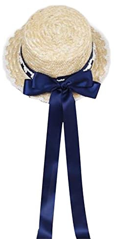 YUZIMEI Chapeau de soleil, chapeau de paille pour femmes, chapeau de soleil, nœuds, chapeau de paille, ruban de paille, chapeau de plage, chapeau de soleil - bleu marine - S