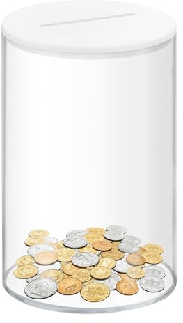 Money Box Acrylic Money Tin Transparent Money Saving Box Cylinder Savings Box with Lid Clear Money Box Piggy Bank for Adults or Kids Money Saving Tin Acrylic Money Box (White lid)