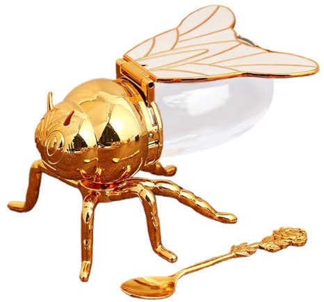 Eoixuqba Bee Shaped Honey Pot With Spoon, 15x10x9cm Decorative Beeshaped Honey Jar, BeeDesign Syrup Dispenser Made Of PP And Zinc Alloy, Creative Retro Honeyjar In The Shape Of A Bee, White