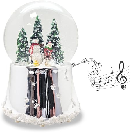 Schneekugel Weihnachten Spieluhr | Schneemann Steht mit Kind auf Schlitten | Sockel Silber glänzend mit Schneeflocken | mit Musik | H:14 cm B: 10 cm | Schüttelkugel | 20329