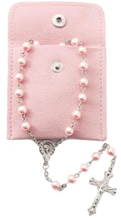 Rosario Cattolico,Rosario con Perle Rosa,Collana Cattolica,Rosarios Cattolico con Crocifisso,Sacchetto Regalo in Velluto per Rosarios,Croce,Battesimo,Comunione,Matrimonio,Festa