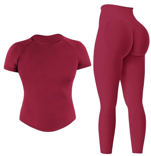 MAYROUND Gym Sets for Women 2 Piece Outfit Gym Scrunch Leggings and Short Sleeve Crop Top Set Seamless Yoga Tracksuits