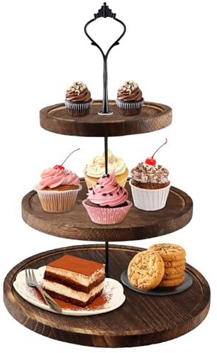 Alzata per Cupcake a 3 Livelli, Supporto per Torta a 3 Piani in Legno, Espositore per Dolci, Alzatina per Antipasti da Tavolo con Manico in Metallo per Feste di Compleanno, Matrimoni, Feste di Natale