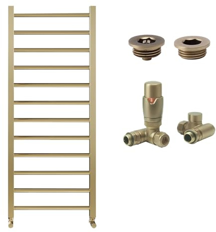 Brushed Brass Bathroom Straight Heated Towel Rail Radiator 500 x 800 Dual Fuel Thermostatic Valves with Air Bleed Valve & Blanking Cap