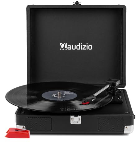 Audizio RP111BK Briefcase Record Player – Black, Portable Suitcase Turntable with Built-In Stereo Speakers, USB Power, Headphone Output, Auto Stop & Spare Replacement Stylus