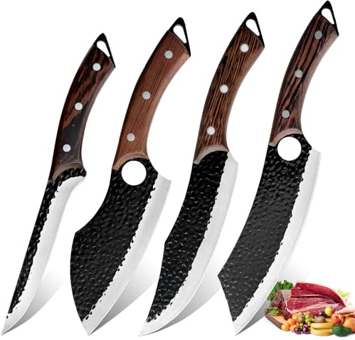 BFYLIN Messer set, 4 Teiliges Küchenmesser set, Handgeschmiedetes Messerset, Serbisches Kochmesser, Wikinger-Ausbeinmesser, Hackmesser - Profi Küchenmesser-Set für Fleisch, BBQ