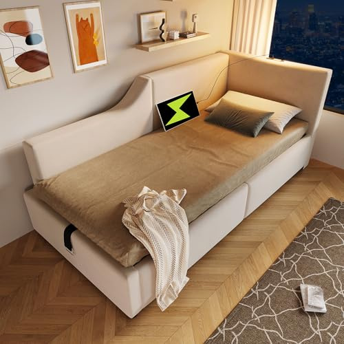 LINKHOO Polsterbett Tagesbett, Schlafsofa mit hydraulischem Stauraum, Leselichtfunktion und USB-C-Ladefunktion, mit Lattenrost aus Holz, Samt, 90x200cm, Beige
