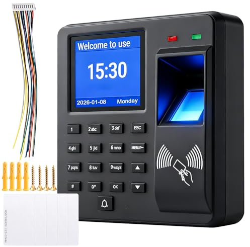 Zeiterfassung für Kleinbetriebe, Fingerabdruck Stempeluhr+RFID Zeiterfassung+Passwort, 1000 Fingerprint Zeiterfassungsgerät mit 5 RFID Karten, 12 Sprachen, Arbeitszeiterfassung für Eingangskontrolle