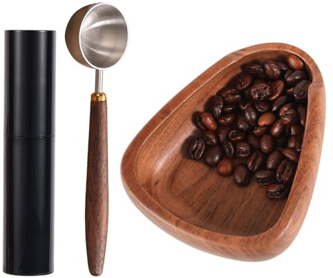 3pcs Espresso Bar Accessories Kit, Include Walnut Wood Coffee Bean Dosing Cup Measuring Tray and Static Reduction Spray Bottle and Spoon for Coffee Lovers Gift