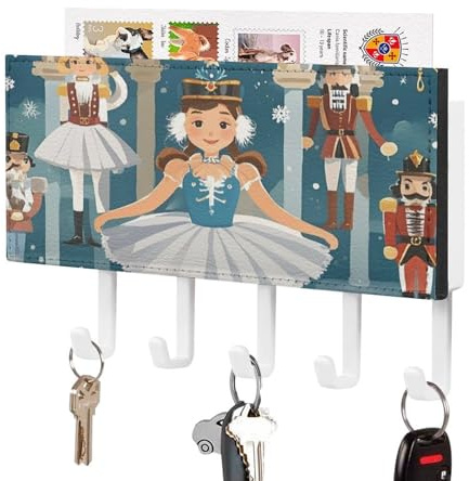 Nussknacker für Damen, Ballett, Weihnachten, Tanz, Schlüsselhalter, Wandhalterung, PU-Leder, selbstklebend, Schlüsselbrett mit 5 Haken, dekorativer Schlüsselhalter, Post-Organizer, Dekoration für
