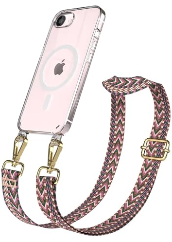 EAZY CASE Handykette - Verstellbares Taschenband kompatibel mit iPhone 17e, Schulterriemen, Handykordel mit Silikon Hülle, Qi Charging kompatibel, Umhängetasche, Beere Pink Gold