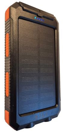 Banco de energía portátil enchufable. Power Bank. Cargador Solar a Prueba de Agua. Resistente a Golpes. Linterna, brújula, para celulares, teléfonos y Dispositivos móviles. (Negro y Naranja)