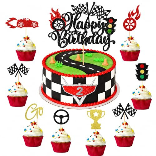 Bolosa Racing Cake Topper Set, Race Car Birthday Decorations with 1 Large Happy Birthday & 16 Cupcake Toppers, Racing Birthday Party Decorations for Kids, Boys, Girls, Little Car Fans