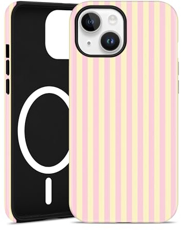 Jusy Custodia magnetica a righe per iPhone 15 Plus, rosa giallo | Compatibile con MagSafe, grazioso design estetico a righe, TPU e PC protettiva antiurto