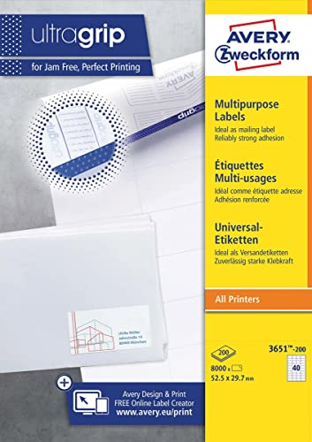 AVERY Zweckform 3651-200 Universal Etiketten (8.000 plus 800 Klebeetiketten extra, 52,5x29,7mm auf A4, Papier matt, individuell bedruckbar, selbstklebende Aufkleber mit ultragrip) 220 Blatt, weiß