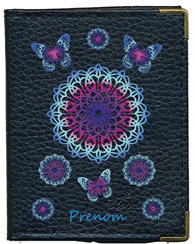 Syl'la Mandala Bleu Porte Carte fidelite en Cuir pour Femme Noir Personnalise avec Votre prenom