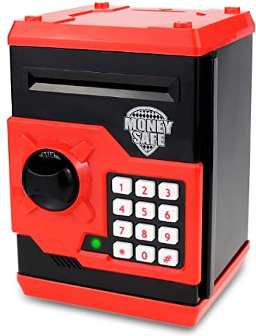 Qwifyu Kids Piggy Bank, Money Bank with Electronic Lock Auto Scroll Paper Money & Coin, Best Toy Gifts for Children Boys Girls (Black Red)