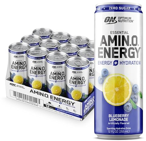 Optimum Nutrition Amino Energy Sparkling Hydration Drink, Electrolytes, Caffeine, Amino Acids, BCAAs, Sugar Free, Blueberry Lemonade, 12 Fl Oz, 12 Pack (Packaging May Vary)