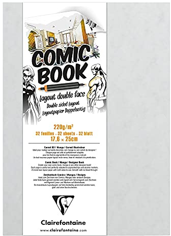 Clairefontaine 975197C Zeichenbuch mit doppelseitigem Layoutpapier, 220g, 17, 6 x 25cm, ideal für Comics & Manga, 1 Stück