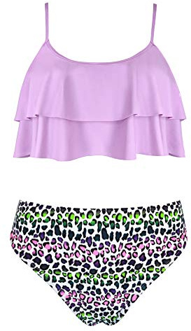 SHEKINI Maillots de Bain Deux Pièces Filles Imprimé Volants Réglable Halter Bikini Top Tankini Set Filles 2 Pièces Triangle Bas de Bikini de Plage pour 6-14 Ans(12-14 Years, Violet Clair/Fille)