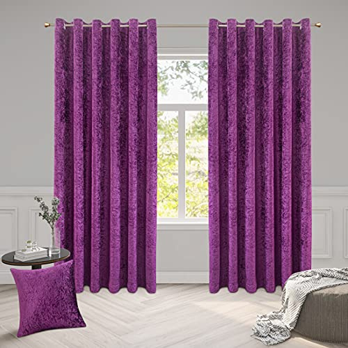 ROOEE Luxury Crushed Velvet Curtains PAIR Fully Lined Eyelet Ring Top For Bedroom, Living Room, Kitchen, Office (Purple, 90 Wide x 108 Drop)