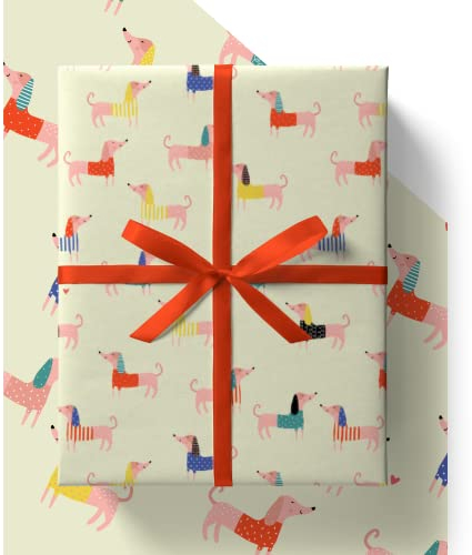 Geschenkpapier mit Wursthund, 43 % größer, umweltfreundlich, recycelbar, Dackel-Geschenkpapier in plastikfreier Verpackung, 4 Bögen und 4 Etiketten, 4 Stück