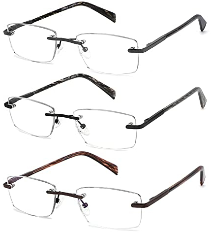 JJWELL 3 Pack Reading Glasses for Men Blue Light Blocking, Lightweight Rimless Metal Mens Eyeglasses Readers, Anti Eyestrain/Dryness/Computer Glare/UV 400, Spring Hinge Eyeglasses(175 Strength)