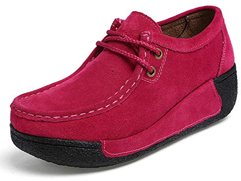 SRUQ Mocassins Femme Chaussures Compensées Daim Cuir Espadrilles Respirant Fermeture à Lacets Slip-on de Décontractées Chaussures Plates (Rose, Numeric_40)