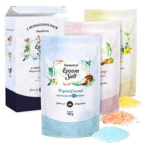 Nortembio Sal de Epsom Pack Regalo. Fragancias Jazmín, Canela y Coco. Hidratadas con Vitamina C y E. Sal de Baño para Relajación Muscular, Aromaterapia y Buen Sueño. E-Book Incluido.