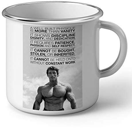 Tasse, emailliert, Metall, inspirierend, Zitat Arnold Schwarzenegger Is More Than Vanity Englisch