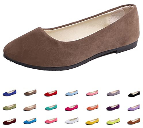 Hwalleum Women's Ballet Flats, Womens Simple Casual Flat Shoes Solid Color Pumps Ladies Girls Dolly Ballet Ballerina Work Smart Office Formal Comfort Pointed Toe Slip On Flats Shoes Dark Brown