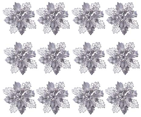Ciieeo 12 Stück Glitzernde Weihnachtssterne Weihnachtsblumen Hohle Künstliche Blumen Christbaumschmuck Hängende Glitzernde Blumenanhänger für Weihnachten