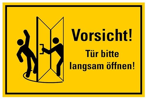 Aufkleber Warnung „Vorsicht! Tür bitte langsam öffnen!“ Hinweis Schild Folie selbstklebend, signalgelb | Größen wählbar Made in Germany, Größe: 10x15cm