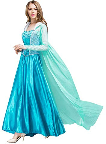 Snegurotschka kostüm, damen prinzessin elsa kleid, abendkleid lang, avatar kostüm cosplay kleid, Prinzessin Karneval Faschingskostüm Cosplay Party Halloween Festkleid mit Handschuhen Elsa XL