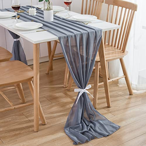 CHUQING Tischläufer Anthrazit,Chiffon Stoff Grau Blau, Tischdeko Blau Grau Table Runner für Geburtstag Kommunion Hochzeit,300 x 70 cm
