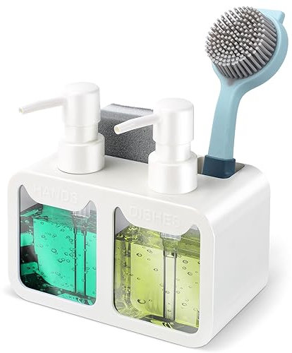 Distributeur de liquide vaisselle et de savon pour les mains, double distributeur avec porte-éponge et porte-brosse, organiseur 4 en 1 pour évier de cuisine, gadgets de cuisine utiles, blanc