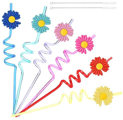 Redvigh Pajitas reutilizables de margaritas, 24 unidades, pajitas de plástico en espiral, suministros de fiesta, pajitas para cumpleaños, playa, cóctel, decoración de fiesta Luau con 2 cepillos de